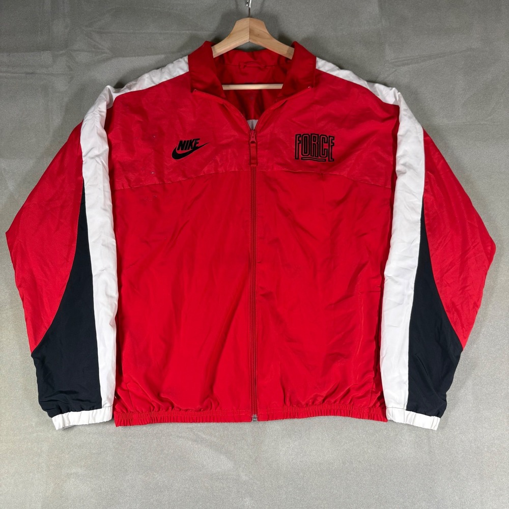 Nike Force Mens Windbreaker Jacket Red White Black Colorblock Full Zip Size L